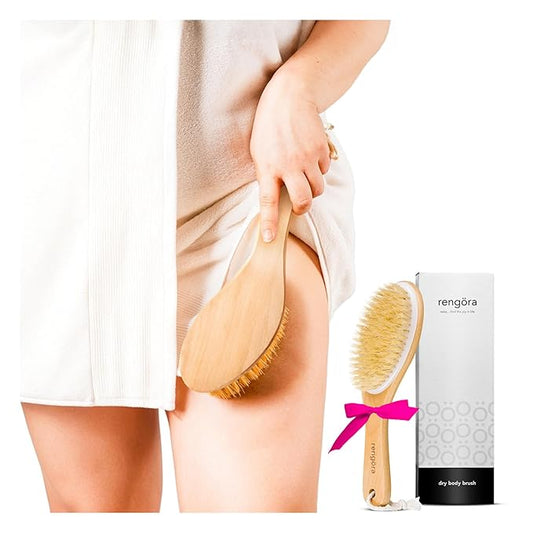 Dry Brushing Body Brush, Body Scrubber Dual-Use for Wet/Dry Exfoliating, Great for Lymphatic Drainage, Natural Boar Bristles, Ergonomic Handle, Makes a Nice Gift by Rengora