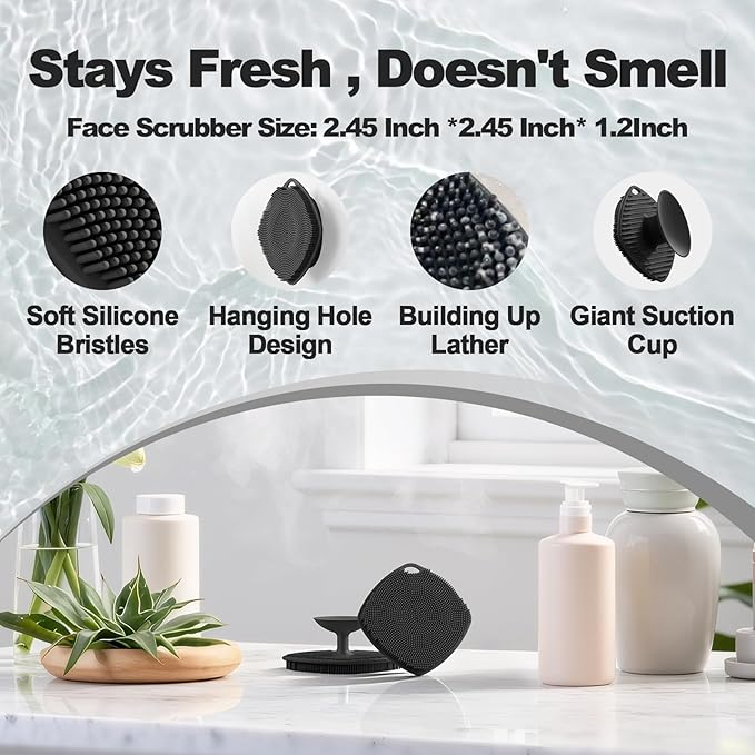 2 Pack Face Scrubbers, Silicone Face Scrubber Soft Bristles, Gentle Lather, Exfoliating & Deep Cleaning for Sensitive Skin, Giant Suction Cup Stick Securely, Easy to Store (Black + Gray)