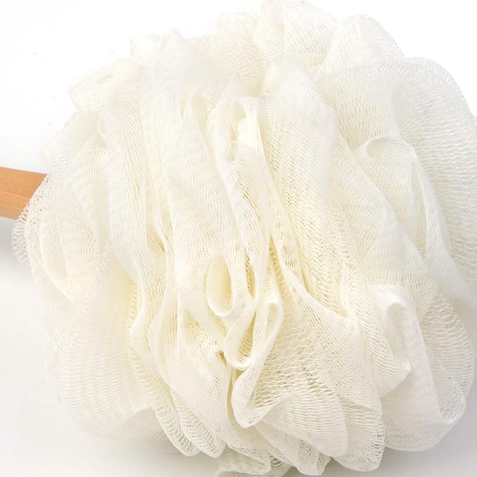 Loofah Back Scrubber for Shower, Wooden Long Handle Bath Sponge Lufa Shower Brush, Soft Nylon Mesh Back Cleaner Washer, Women & Men Exfoliating Luffa Pouf on a Stick for Body (White)