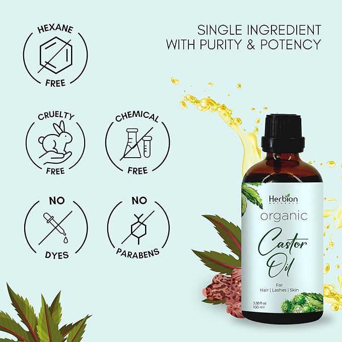 HERBION Naturals Organic Castor Oil USDA Certified, 100% Pure, Cold Pressed, Hexane-Free. Moisturizer & Hair Treatment. Glass Bottle w/Dropper, 3.38 Fl Oz