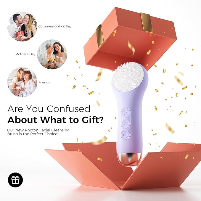 Facial Cleansing Brush Electric Face Scrubber - Rechargeable Face Cleansing Brush with 4 LED Gentle Light Silicone Heat and Vibration Exfoliator Massage Deep Cleansing,IPX7 Waterproof,Ideal Gift﻿