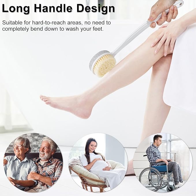 Pumice Stone and Shower Brush with Long Handle, 2 Pack Hard Skin Callus Remover, 2 in 1 Foot Scrubber, Back Scrubber for Shower Deep Cleansing and Exfoliating, Dry Brushing Body Brush (Curved)