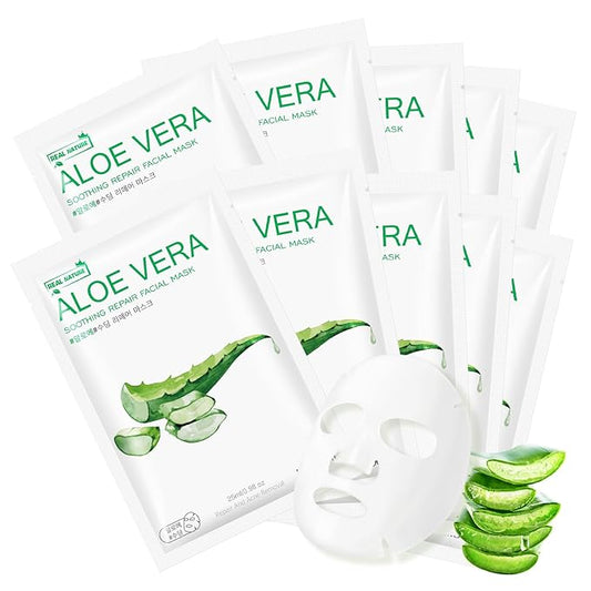 10 Sheets Face Masks Skincare, Aloe Vera Hydrating Face Mask Skincare For Dry, Oily, Sensitive Skin, Aloe Facial Masks Skin Care Sheet For Moisturizing, Soothing