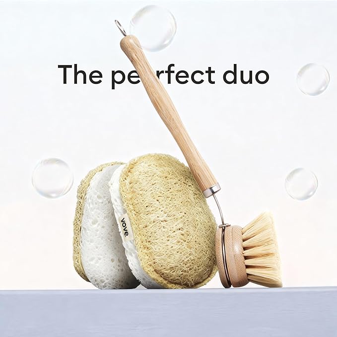 Vove Cleaning Duo, Bamboo Dish Brush Set and Natural Dish Sponges, FSC-Certified Bamboo, Sisal, Loofah, Cellulose, Plastic-Free, Eco-Friendly Zero-Waste Kitchen Dish Scrubber Set