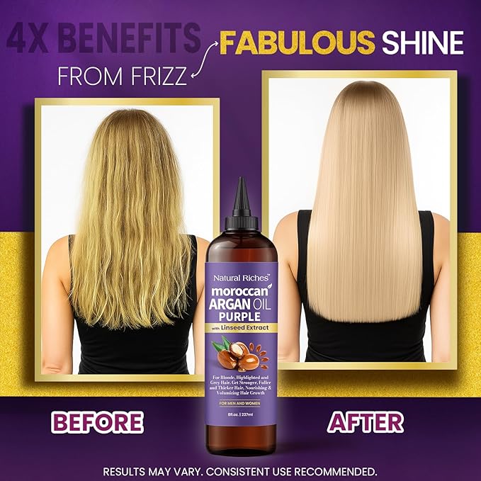 Natural Riches Purple Moroccan Argan Oil Hair Treatment with Linseed Extract, Anti-Brass Formula for Blonde, Silver, Platinum & Grey Hair Neutralize Yellow Tone, Smooths Frizz & Restore Shine 8 fl oz