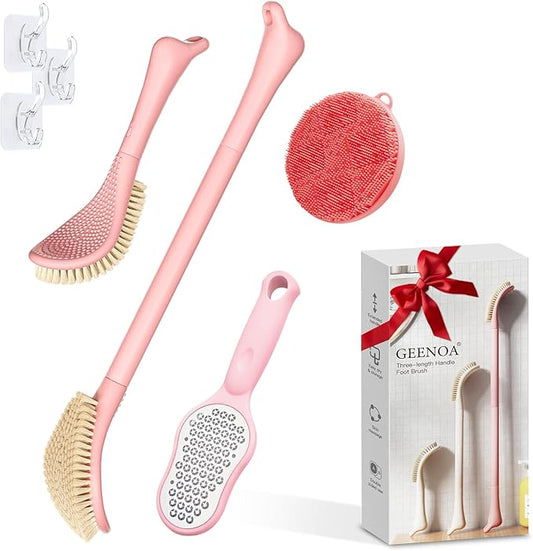 Foot Brush/Foot File/Silicone Body Scrubber Set(3PCS), 3-in-1 Foot Scrubber with Long Handle, 10.2’’-27.5’’Adjustable Foot Scrub Brush with Foot File and Silicone Loofah, Gift-Box(Pink Set)