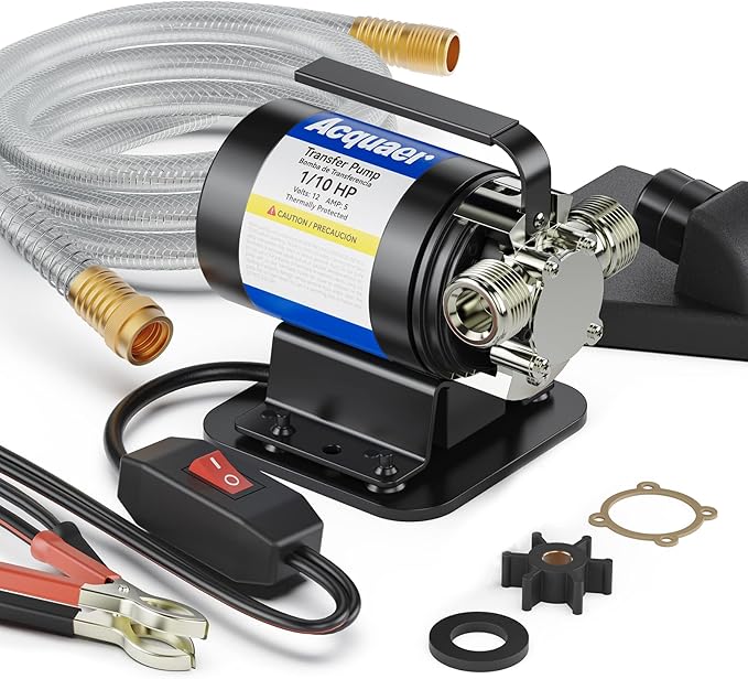 Acquaer Water Transfer Pump DC 12V 1/10HP Portable Electric Water Removal Utility Pump with Switch and Suction Hose Kit, Low Suction Water Removal for RV, Water Beds, Pools, Rain Barrel, Aquariums