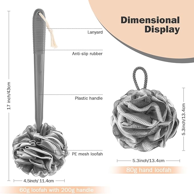 Non-Slip Back Scrubber with 17" Plastic Handle, Hand Shower Loofah & Loofah on a Stick Set, Deep Gray with White Edge