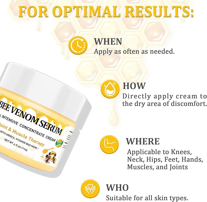 Natural Organic NZL Bee Venom Professional Serum Care, Joint & Muscle & Bone Cream Gel - for Back, Neck, Hand, Foot, Knee, Muscle, Shoulder, Hip, Nerve, Vitamin B6, Aloe Vera, Adult, Elderly