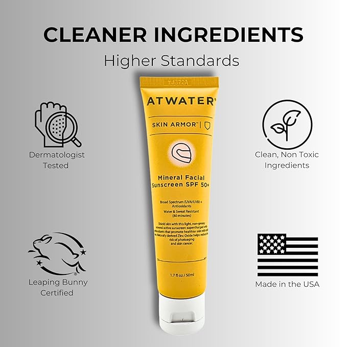 ATWATER Skin Armor Mineral Face Sunscreen SPF 50+, Ultra Light All-in-One Sunblock Moisturizer for Men and Women, Water & Sweat Resistant - 1.7 oz