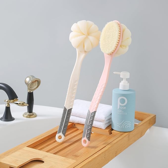 Shower Body Brush with Bristles and Large Pumpkin Loofah,Back Scrubber Bath Mesh Sponge with Anti-Slip Curved Long Handle for Skin Exfoliating,Massage Bristles for Wet or Dry,Men Women (Grey)