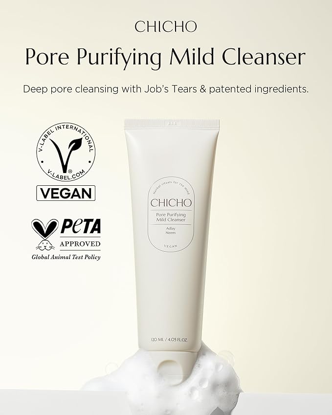 CHICHO Korean Pore Purifying Mild Cleanser with Job's Tears Seed Powder 10,000ppm, PHA, 5 Ceramides 84% - Deep Cleansing & Exfoliating Hydrating Face Wash for Sensitive Skin, 4.05 fl.oz.