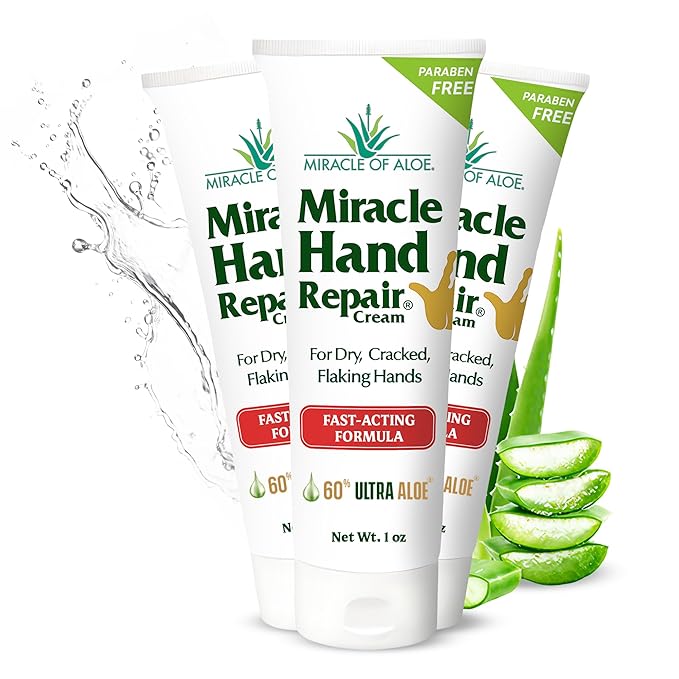 Miracle Hand Repair Cream for Dry Cracked Hands 1 oz Best Healing Hand Cream with 60% Aloe Vera - Non-Greasy Moisturizer for Working Hands - Fast Absorbing Lotion for Extremely Dry Skin (3-Pack)