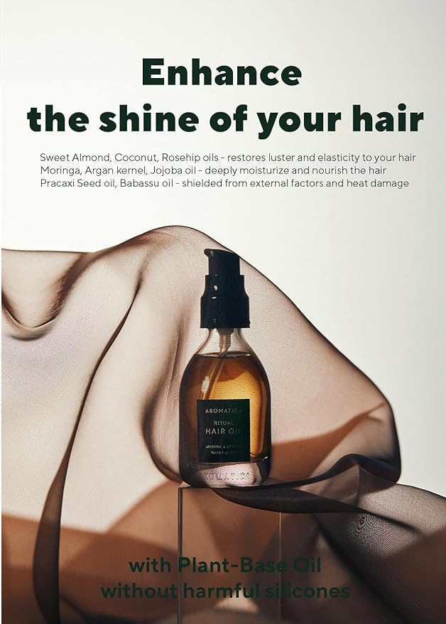 AROMATICA Ritual Jasmine & Vetiver Hair Oil - Adds Shine and Smooths Split Ends - Blow Out Hair Serum for Damaged & Frizzy Hair - Nourishing for Dry Curly Hair - Silicone-Free (1.6 fl oz)