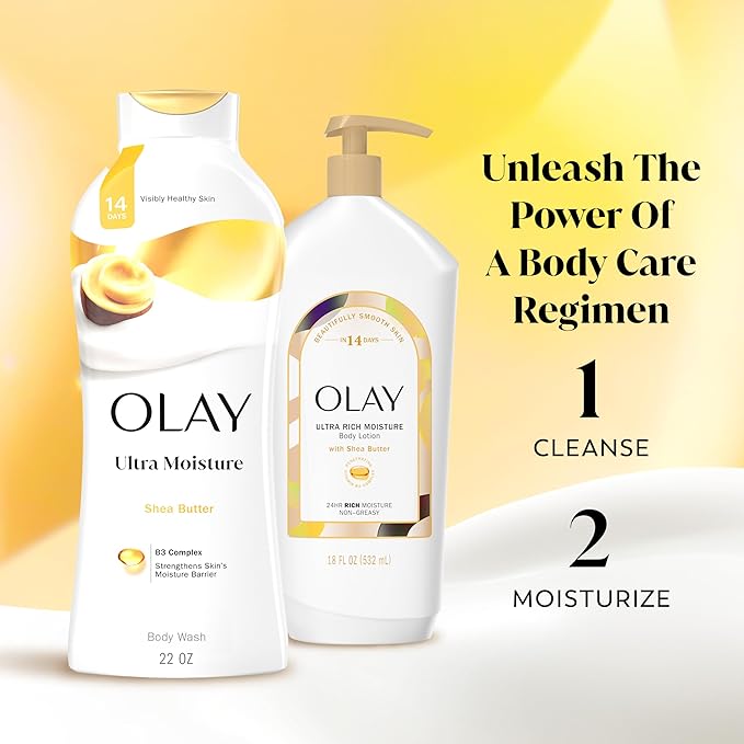Olay Body Wash for Women, Ultra Moisture, 24hr Moisturizing, Hydrating & Refreshing, B3 Vitamin Complex, Free of Parabens & Phthalates, For All Skin Types, Shea Butter Scent, 22 fl oz (Pack of 2)