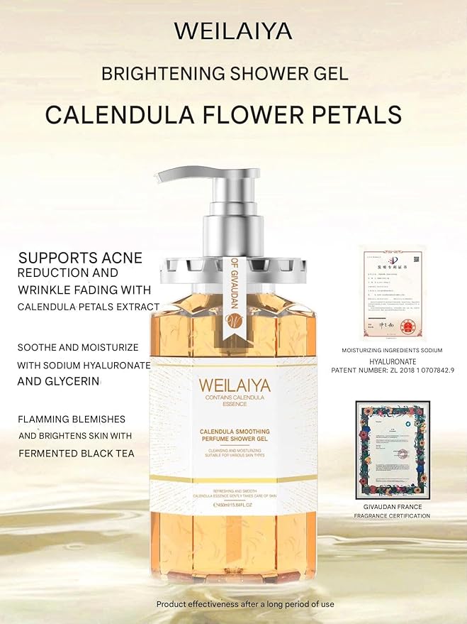 Weilaiya Calendula Shower Gel – 450mL / 15.2 fl oz – Soothing Body Wash for All Kinds of Skin, Especially Sensitive Skin – Natural Calendula Extract, Hydrating & Gentle Daily Anti Aging Cleanser