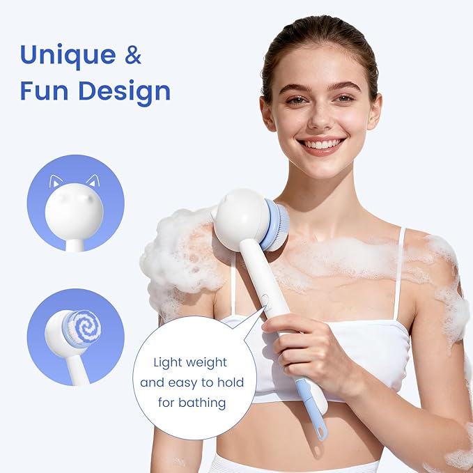 Electric Back Scrubber for Shower Body Brush, Waterproof Shower Body Scrubber for Cleansing, Massaging, Rechargeable Bath Brush for Kids & Adults with 2 Heads & 3 Speed Modes, Milk White XY0