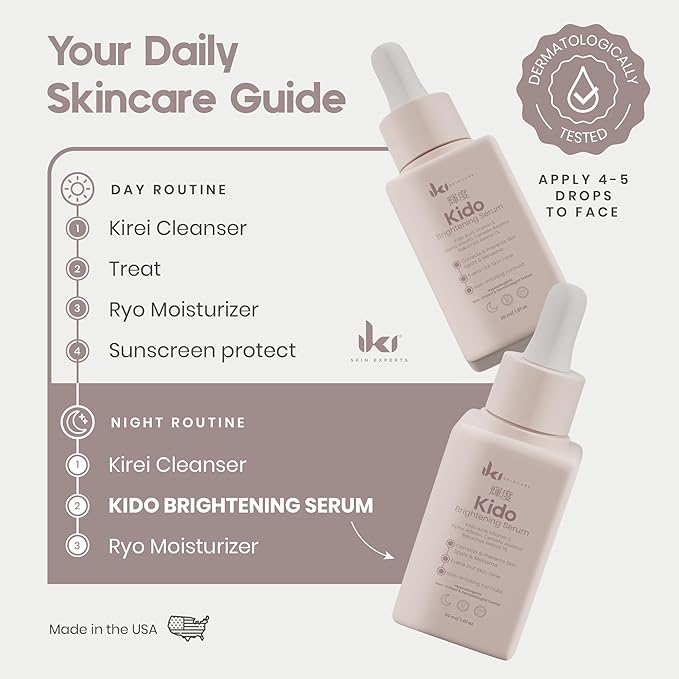 IKI Kido Brightening Serum - Reduces Dark Spots, Evens Skin Tone, Hydrates Deeply, Non-Irritating Formula, Kojic Acid, Alpha Arbutin, Retinol Serum for Face, Centella Asiatica, & Vitamin E