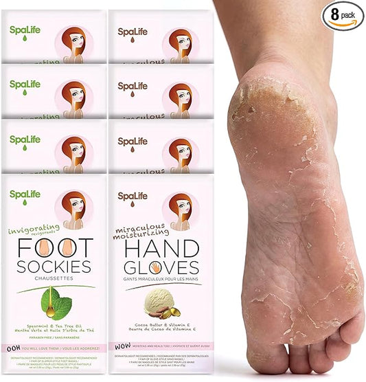 SpaLife Moisturizing Hand Gloves & Foot Mask Socks | Korean Skincare Set for Dry Cracked Hands & Dry Cracked Feet Callus Remover Alternative | Self Care Gifts for Women | 4 Hand, 4 Foot