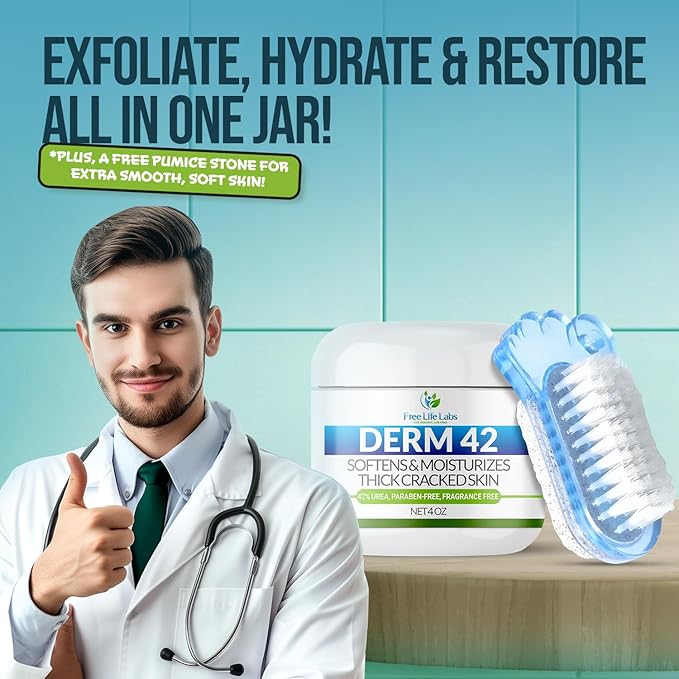 Free Life Labs - Urea Cream for Feet - Maximum Strength 42% Foot Cream for Calluses and Dry Feet - Free Pumice Stone and Brush - Shea and Mango Butters-Paraben Free-Fragrance Free- 4oz.