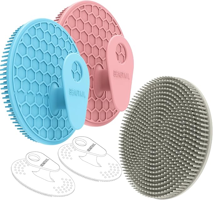 Silicone Body and Face Scrubber Set 5 Pack, BEAUTAIL Shower Bath Scrubber, Gentle Exfoliating Brush for Women Men Sensitive Skin, More Hygienic Than Traditional Loofah, Long Lasting, Pink+Blue+Gray