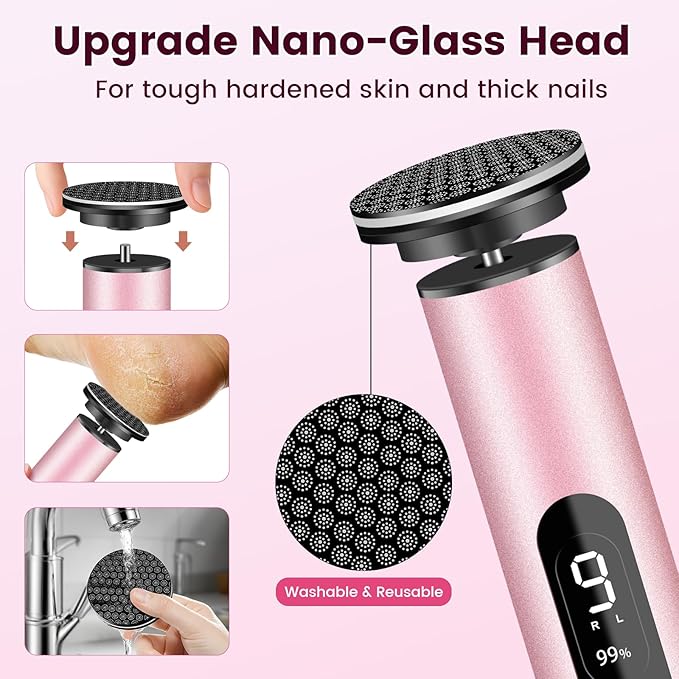 Electric Foot Callus Remover with LED Battery Level & 9-Speed Control Display. Callus Remover for Feet with Wireless Charger, Multi-sandpape (70 Sheets) & Nano Glass Head for Dead Skin (Pink)