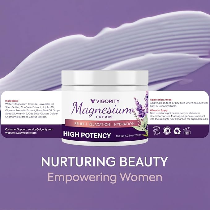 Vigority Magnesium Cream for Sleep: Magnesium Lotion for Leg Cramps - Soothing Magnesium with Lavender, Vitamin E and Shea Butter - Safe for Kids & Pregnant Individuals