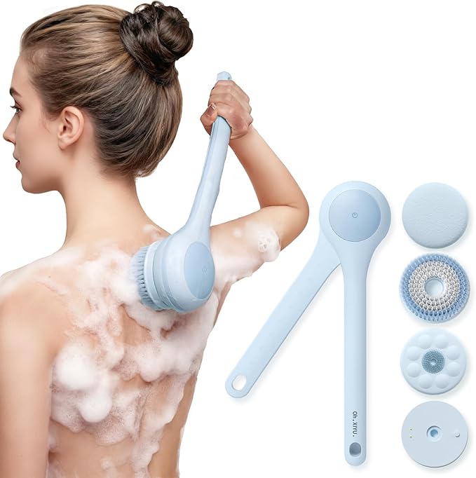Electric Body Brush Back Scrubber for Shower, Waterproof Long Dual Handle Power Body Scrubber with 3 Heads, Rechargeable Bath Brush & 2 Speeds, for Cleansing, Exfoliating and Massaging Skin