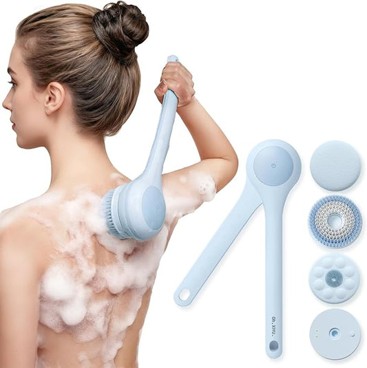 Electric Body Brush Back Scrubber for Shower, Waterproof Long Dual Handle Power Body Scrubber with 3 Heads, Rechargeable Bath Brush & 2 Speeds, for Cleansing, Exfoliating and Massaging Skin