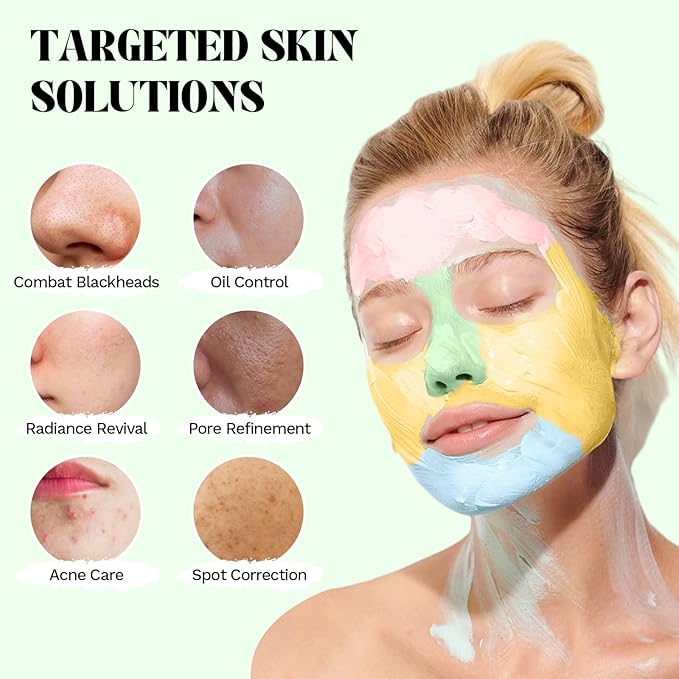 4Pcs Clay Mask Set, Kaolin Facial Spa Kit for Pore Cleansing & Glowing, Hydrating Mud Cream Wash-Off Mask for All Skin Types, Women and Men (70g*4+Brush)