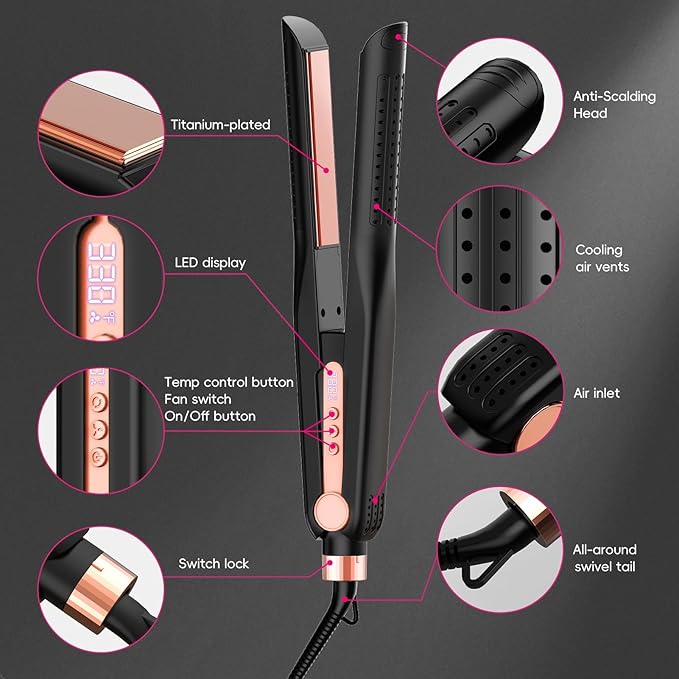 SKIMI Airflow Styler, Titanium Flat Iron Hair Straightener, Professional Curling Iron with Cooling Air Vents to Lock in Style, 5 Temps & Dual Voltage, Auto Off (Black & Gold Pink).