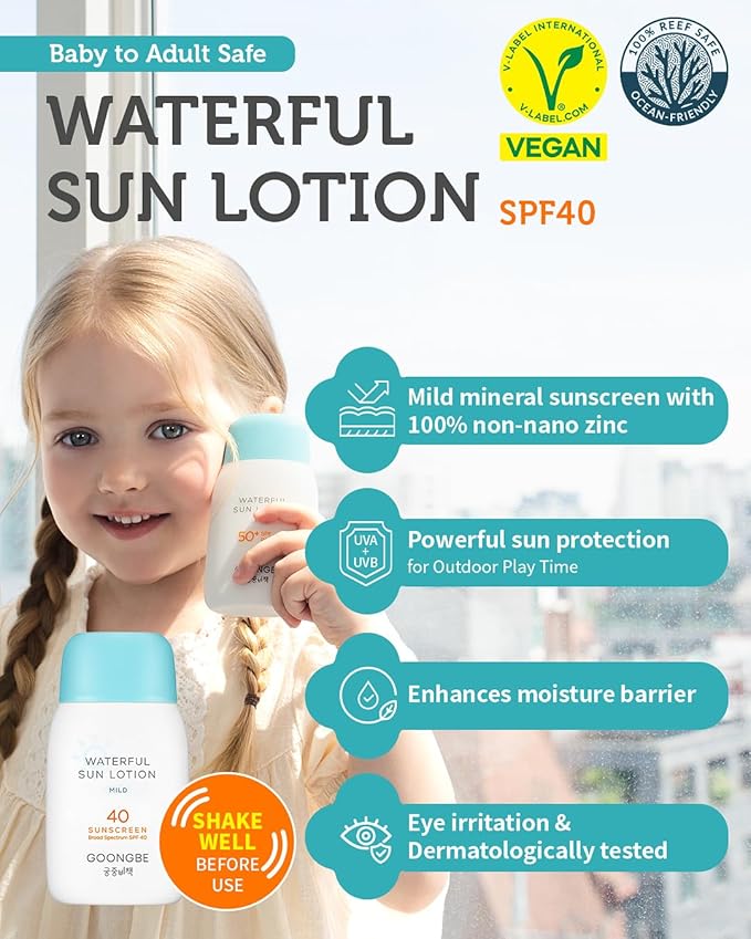 GOONGBE Waterful Sun Lotion Mild SPF 40 - Zinc Oxide Water Resistant Mineral Sunscreen for Babies, Kids & Adults - Hypoallergenic, Vegan, Reef-Safe - Korean Sun Care for Sensitive Skin, 2.82 fl.oz.