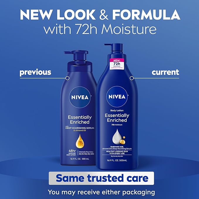 NIVEA Essentially Enriched Body Lotion for Very Dry Skin with Hyaluronic Acid, Almond Oil and Deep Nourishing Serum, 72-Hour Body Moisturizer, Holiday Gifts for Self Care, 16.9 Fl Oz Pump Bottle