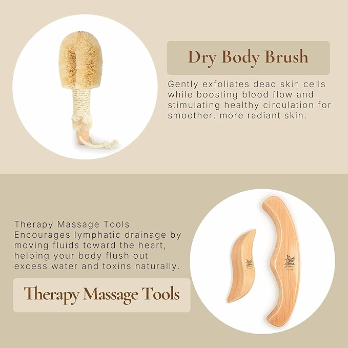 Dry Body Brush Set for Lymphatic Drainage, Natural Sisal Bristle Dry Brushing Body Brush, Wood Therapy Kit with Wooden Acupressure Massage Tools for Face and Body Gua Sha