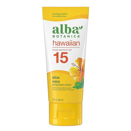 Alba Botanica Sunscreen for Face and Body, Hawaiian Aloe Vera Sunscreen Lotion, Broad Spectrum SPF 15, Water Resistant and Biodegradable, 3 fl. oz. Bottle