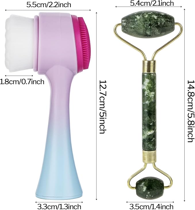 Face Brush 2 in 1, Silicone Facial Cleansing Exfoliating Brush Soft Bristles Pore Deep Cleansing, Jade Face Roller Skin Care Tools, Manual Dual Face Wash Scrub Brush Massaging Gift