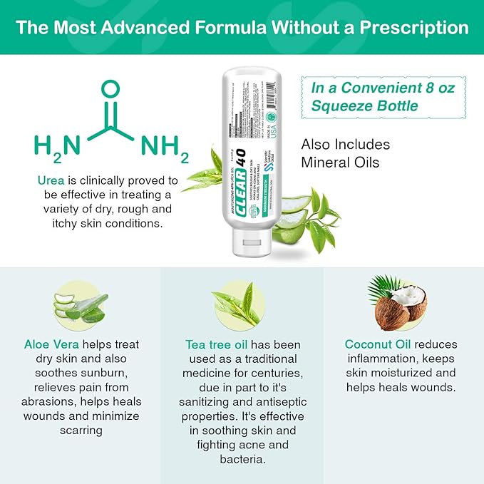 Clear 40, 40% Urea Gel, 8 oz w/Tea Tree & Coconut Oil, Aloe Vera Extract, Works on Calluses & Corns, Moisturizes & Softens Cracked Heels, Feet, Elbows, Hands, Nails, Superior Hydration to Urea Creams