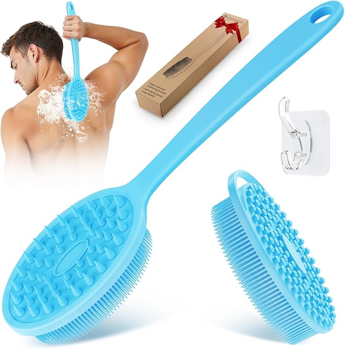 Silicone Back & Body Scrubber Set 2PCS, 13.4'' Gentle Exfoliating Back Scrubber with Dual-Side Head and Non-Slip Handle, Hygienic Silicone Loofah with Soft Bristles and Massage Dots(Blue-2PC)