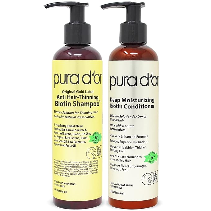 PURA D'OR Anti-Thinning Biotin Shampoo and Conditioner Natural Earthy Scent, CLINICALLY TESTED Effective Results, Herbal Blend Thickening Products For Women & Men, Original Gold Label Set, 8oz x2