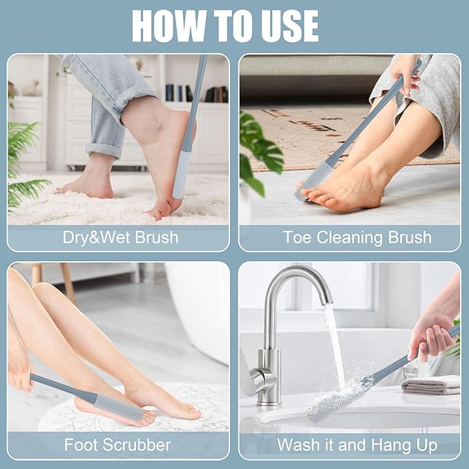 OWIIZI Toe Cleaning Brush 15.7" Foot Scrubber in Shower with Long Handle Silicone Gap Brush Between Toes Cleaner Soft Feet Care Scrub for Seniors,Elderly, Men and Women- 2Pack