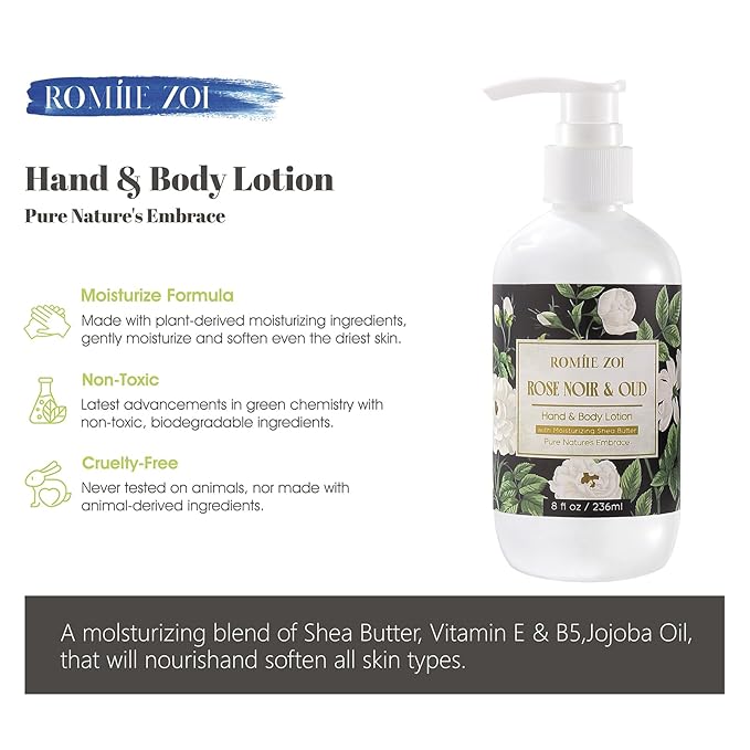 ROMIIE ZOI Daily Hand & Body Lotion with Moisturizing Shea Butter - Rose Noir & Oud - 236 ML / 8 FL OZ