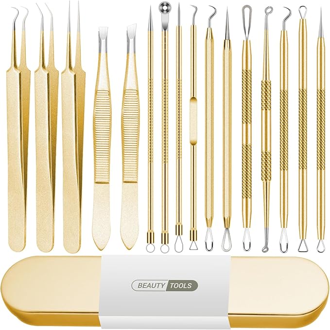 Blackhead Remover Tool, 16 PCS Pimple Popper Tool Kit, Tweezers Set for Eyebrows Hair Removal Pimple Blemish Acne Comedones Extractor Whitehead Cyst Removal Tool, for Nose Face Beauty Tools (Golden)