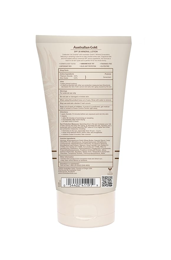 Australian Gold SPF 30 Mineral Sunscreen, 5 fl oz, Broad Spectrum Tinted Sunscreen, Gentle Protection for Every Shade, Vanishing Nude Tint, Blue Light Protection, Zinc Oxide 4% & Titanium Dioxide 4%