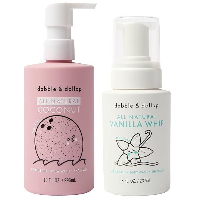 Dabble & Dollop Coconut + Vanilla Body Wash & Shampoo – 3-in-1 Natural Bubble Bath for Kids, No Parabens or Sulfates, Vegan, Gluten-Free, Tear-Free (2-Pack)