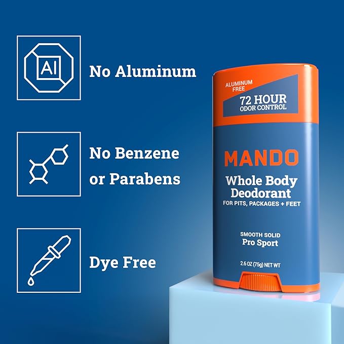 Mando Whole Body Deodorant - Invisible Cream and Solid Formulas - 72 Hour Odor Control - Aluminum & Baking Soda Free - Skin Safe - 3 oz Cream & 2.6 oz Solid Bundle - Pro Sport