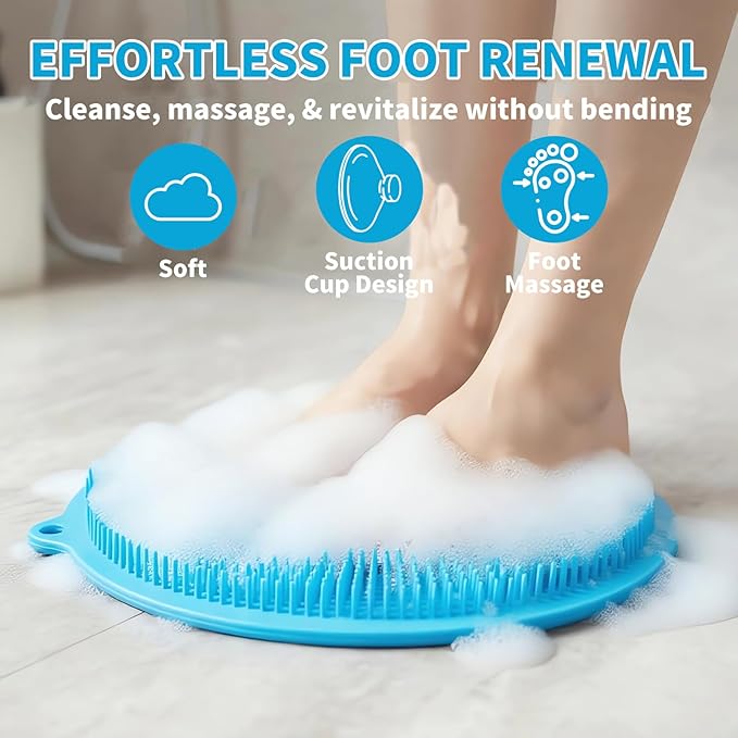 2 Pack Shower Foot Scrubber & Shower Back Scrubber Wall Mounted with Delicate Brush,Circular Design Shower Back Scrubber,Non-Slip Foot Scrubber Mat(Grey and Blue)