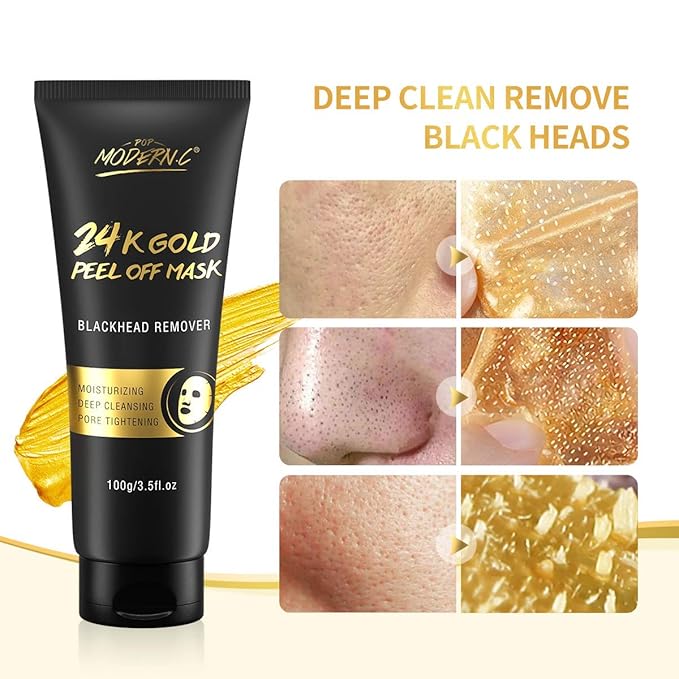 Blackhead Remover Mask, 24K Gold Peel Off Mask, Gold Facial Mask Anti-Aging, Deep Cleansing, Reduces Fine Lines＆ Wrinkles Great for All Skin, With Blackhead Remover Extractor Tools Kit & Brush