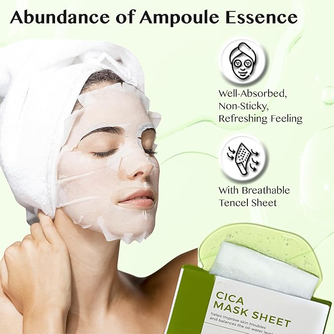 Lamelin Cica Niacinamide Sheet Mask, 10 Pack, Wormwood Tea Trea Anti Aging Skin Elasticity Hydrating Made In Korea