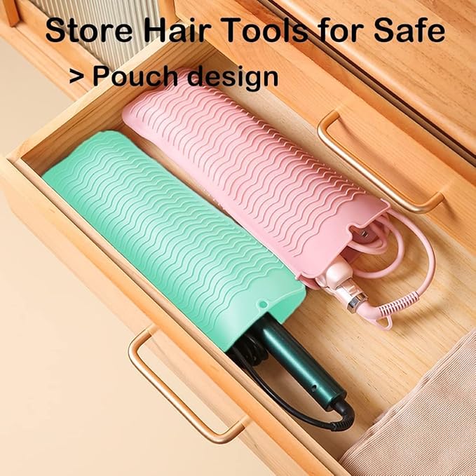 2 Pcs Professional Silicone Heat Resistant Mat Pouch for Curling Iron, Flat Iron and Other Hot Tools, Portable Travel Mat and Cover for Hair Styling Tools with Hanging Hole (2PCS Green)