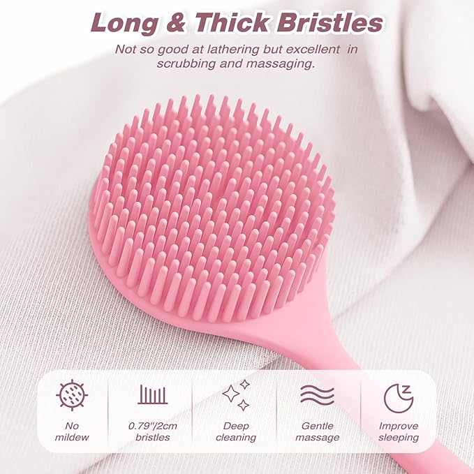 Manmihealth Silicone Back Scrubber(Thick Bristles) & Soft Bath Glove Set, Super-Exfoliating Body Scrubber & Super-Lathering Shower Brush Combination, with a Free Hook.(Pink)